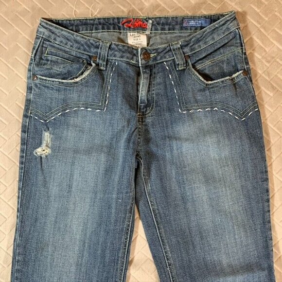 Leo Roma Women 9 Denim Jeans Blue Flare Low Rise Western Y2K Embroidered Pockets - Picture 2 of 12